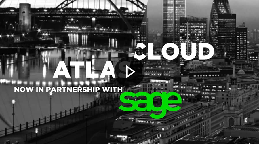 A split view of Newcastle and London with Atlas Cloud and Sage logo's overlaid