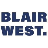 Blair West logo, written in bold blue writing on a white background